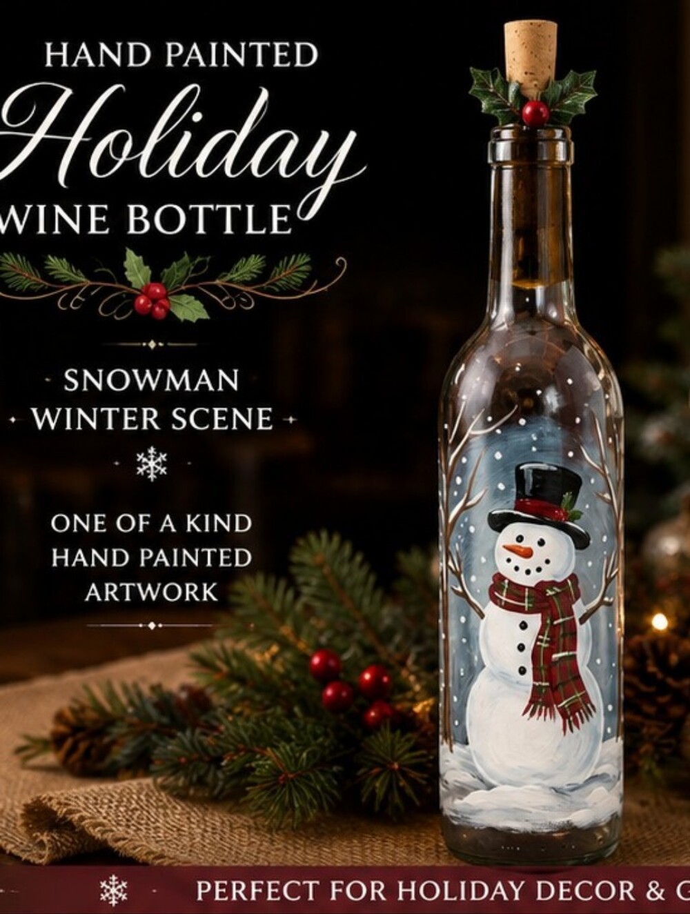 Hand Painted Snowman Wine Bottle Christmas Holiday Decor Let It Snow Signed MJ